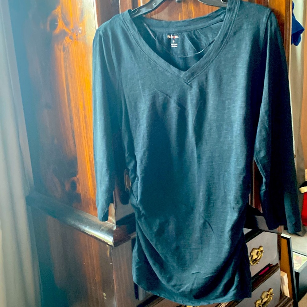 100% cotton black tee with V-neck and mid sleeves